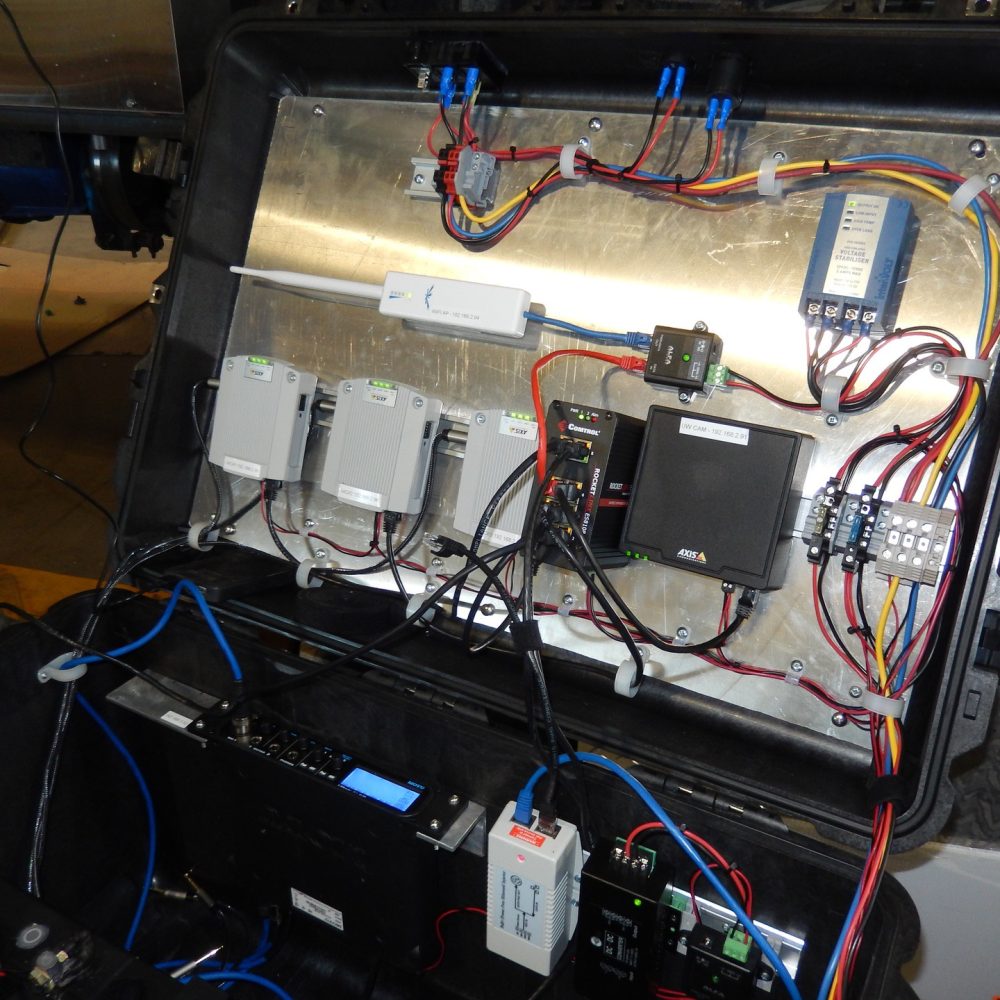 Custom-built live streaming broadcast control case with power and networking components for remote camera deployment